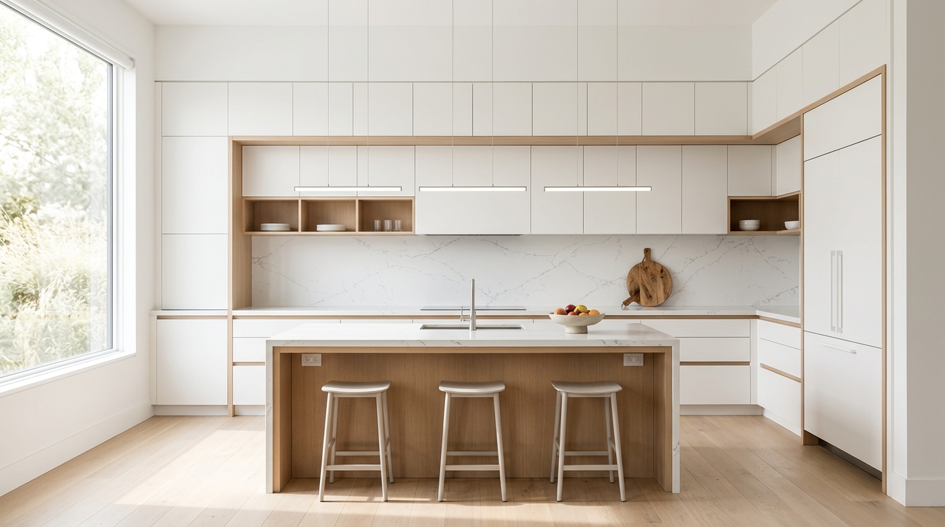 Cocina a medida terminada con muebles hasta el techo y cubierta de cuarzo