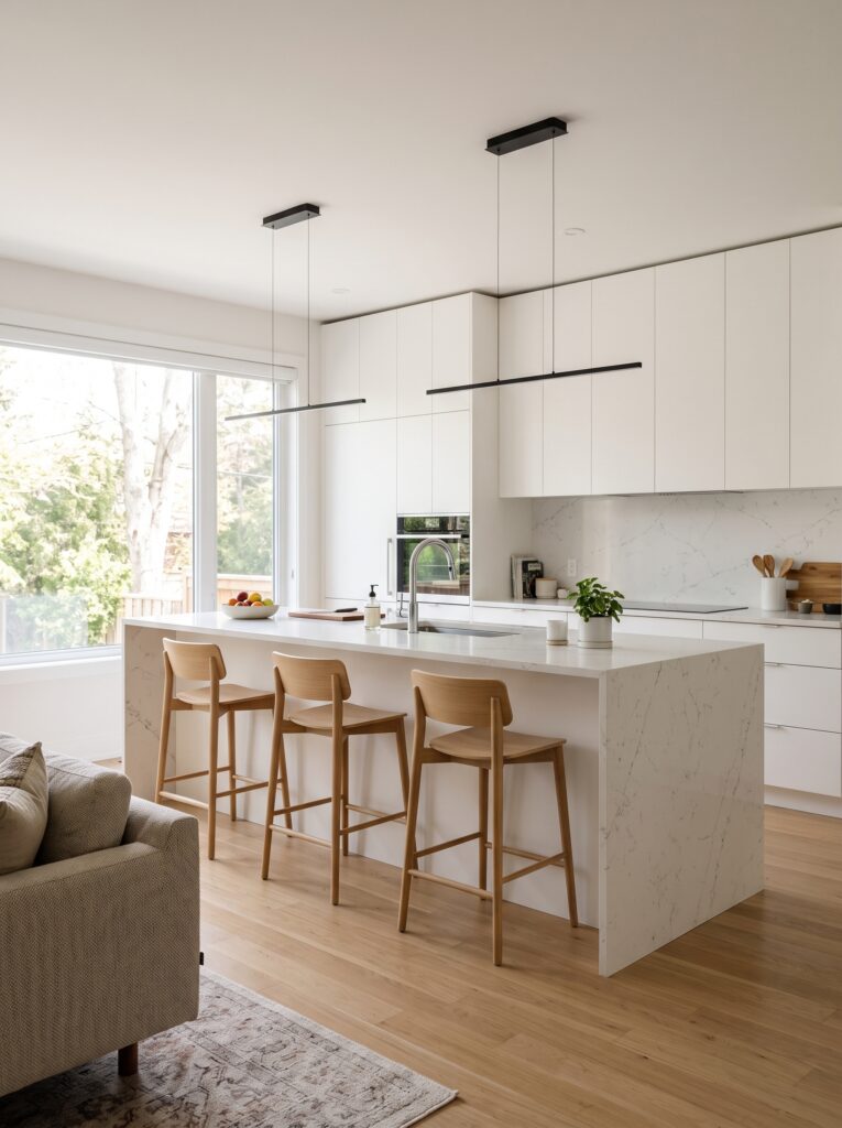 Cocina con isla central, muebles de madera clara y cubierta de cuarzo