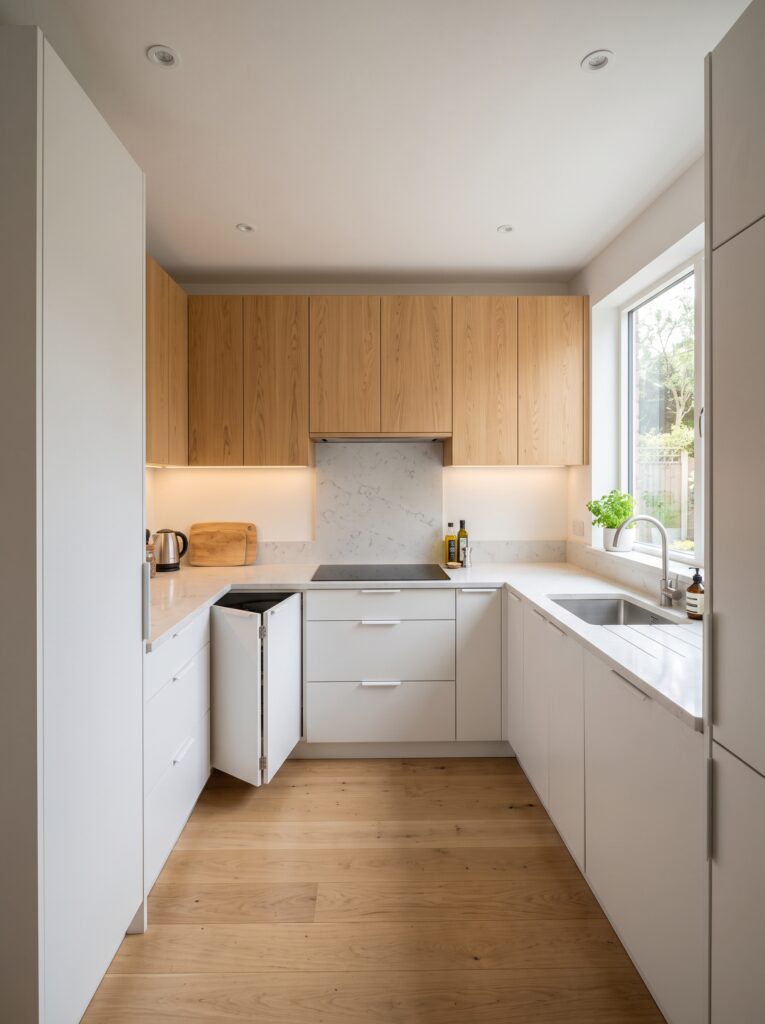 Cocina en L con muebles blancos, estantes de madera y ventanal